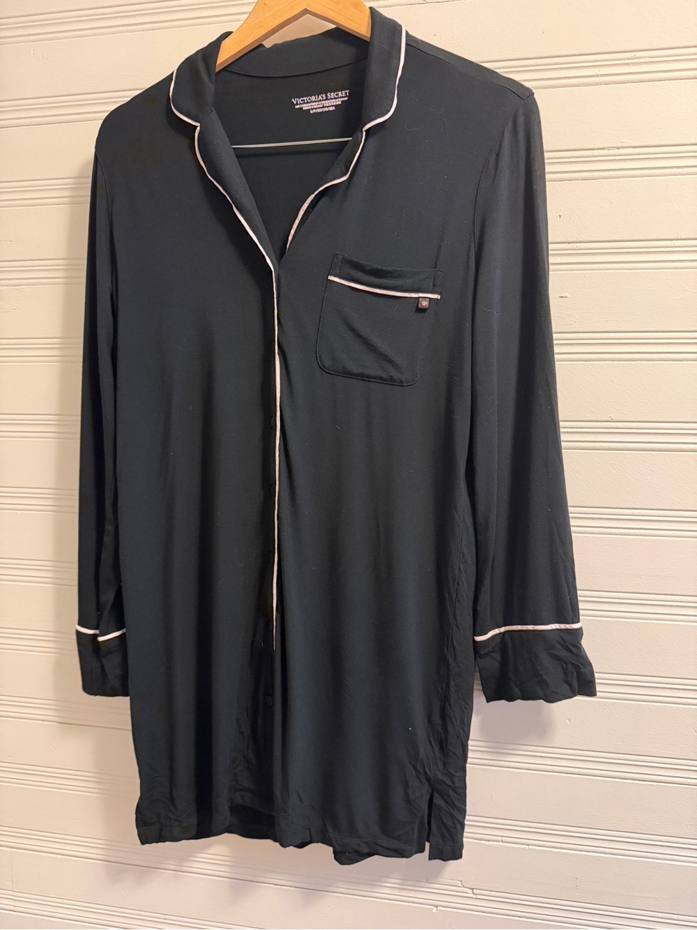 Victoria’s Secret Modal Nightshirt Pajama Dress Black Pink Trim Button Front S